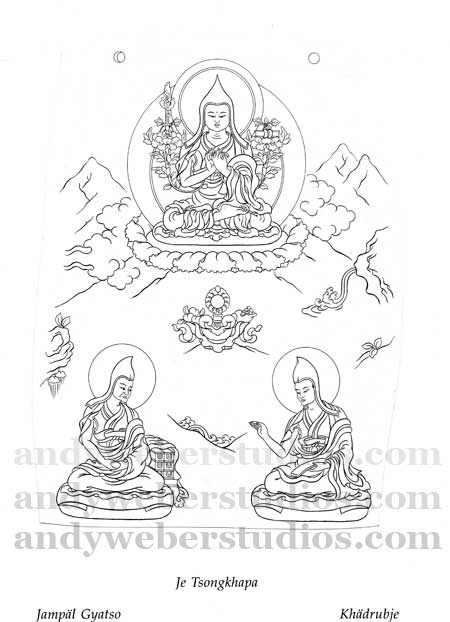 Lama Tsongkhapa and 2 Discples Line Drawing